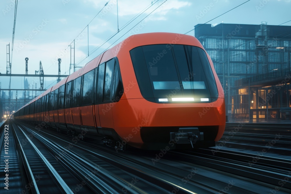 Modern train in urban setting during twilight with city skyline in background Modern train in urban setting during twilight with city skyline in background