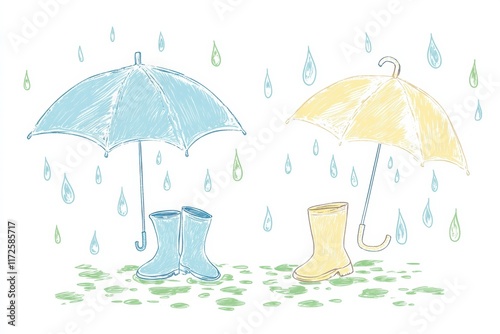 Wallpaper Mural Playful doodle of colorful umbrellas and rubber boots in a rainy setting with gentle raindrops. Generative AI Torontodigital.ca