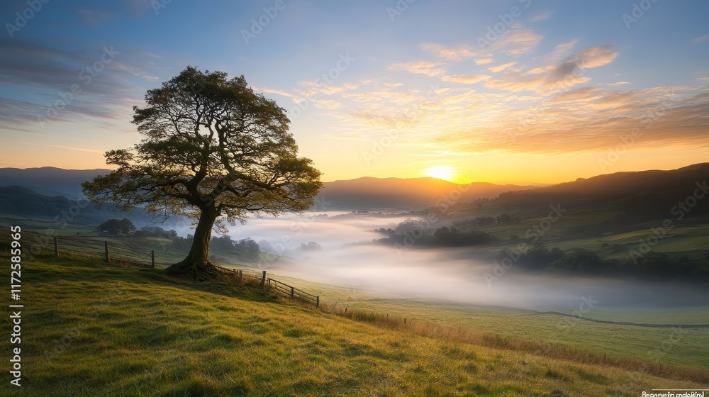 Serene Landscape at Sunrise with Majestic Tree Overlooking Misty Valley and Rolling Hills in a Tranquil Natural Setting Serene Landscape at Sunrise with Majestic Tree Overlooking Misty Valley and Rolling Hills in a Tranquil Natural Setting