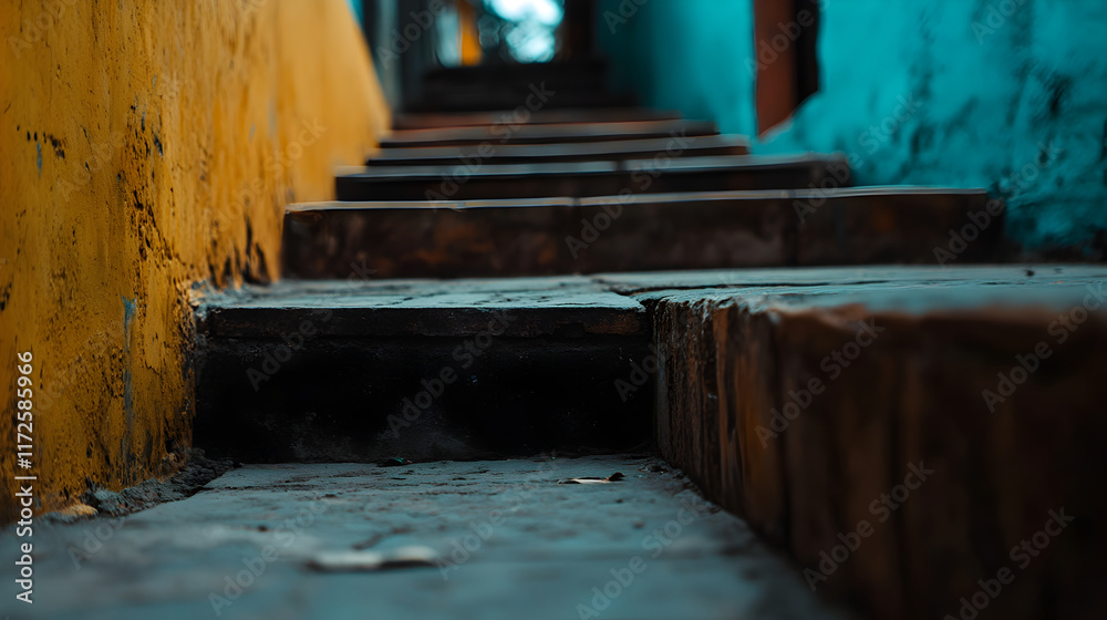Weathered stone steps climbing narrow passageway, connecting vivid yellow and turquoise wall surfaces with architectural intrigue Weathered stone steps climbing narrow passageway, connecting vivid yellow and turquoise wall surfaces with architectural intrigue