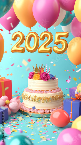 Happy Birthday 2025 Celebration Cake Balloons Gifts