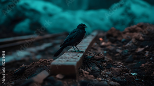 Dark blackbird perching on weathered rail track, moody turquoise backdrop casting somber ornithological scene