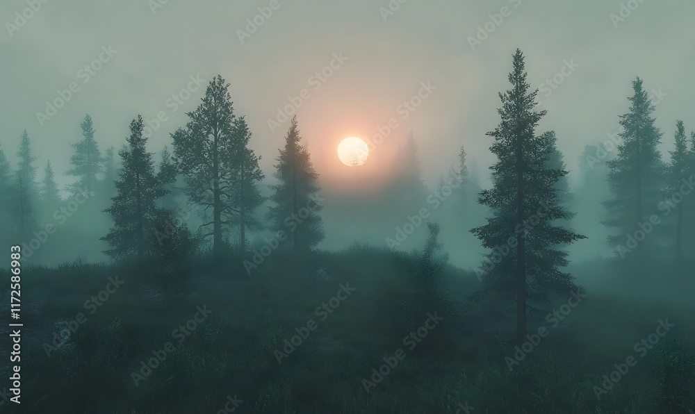A quiet forest and the sun shrouded in mist at dawn, Generative AI A quiet forest and the sun shrouded in mist at dawn, Generative AI