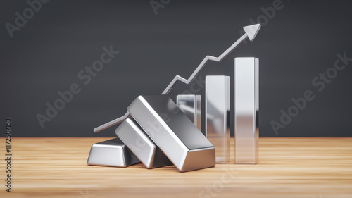 Illustration of silver bars with a rising graph, symbolizing increasing silver prices, ideal for finance and investment concepts.