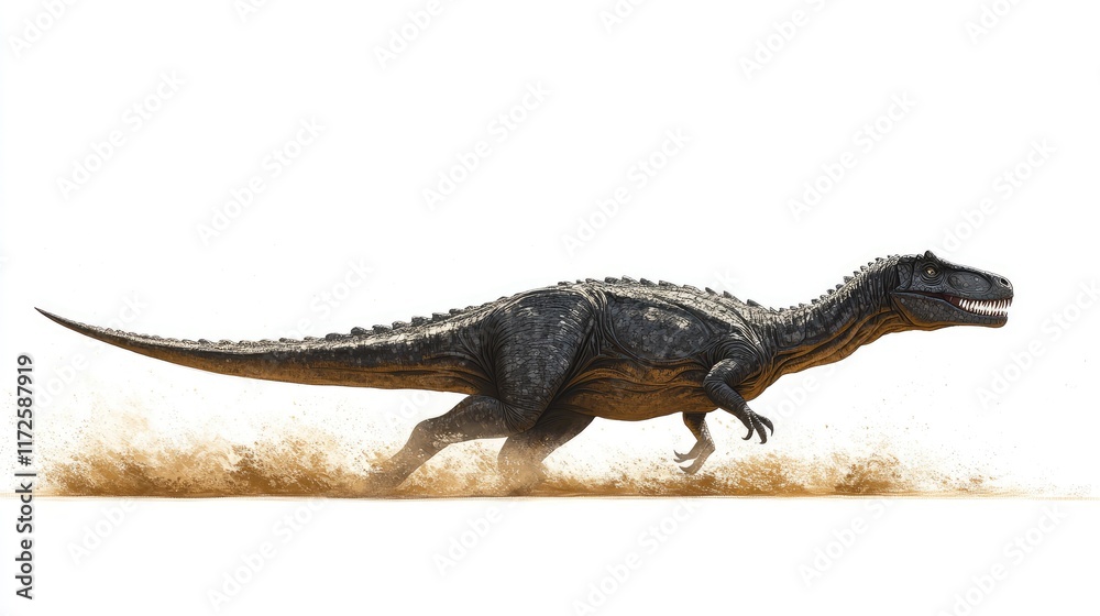 A dinosaur running across a sandy terrain, showcasing its powerful build and movement. A dinosaur running across a sandy terrain, showcasing its powerful build and movement.