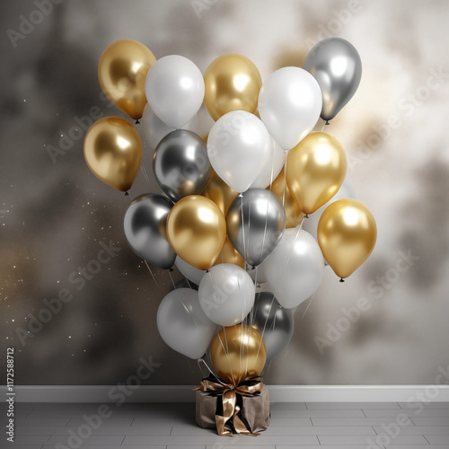 Wallpaper Mural Gold Silver  White Balloons Gift Bundle on Floor Torontodigital.ca