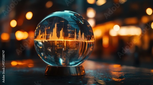 Night Cityscape Reflected in Crystal Ball Mystical Urban Scene at Night