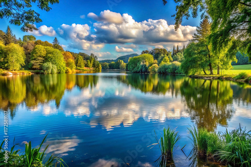 Serene lake reflecting vibrant sky and lush greenery.