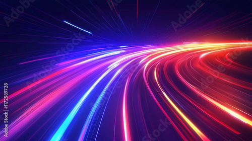 Abstract Neon Light Trails in Motion with Futuristic Speed Effect