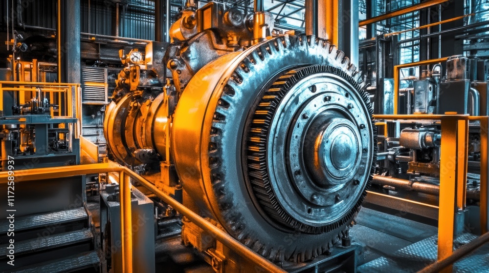 Fototapeta premium Abstract photo of industrial machinery with colorful highlights and a dynamic, futuristic feel.