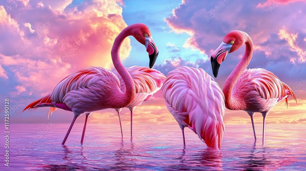 Obraz premium Three pink flamingos in shallow water at sunset.