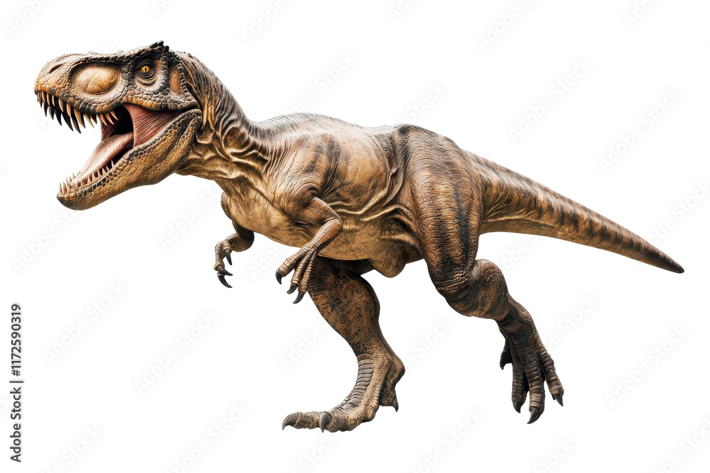 Fototapeta premium A detailed depiction of a roaring dinosaur, showcasing its fierce expression, muscular build, and realistic texture.