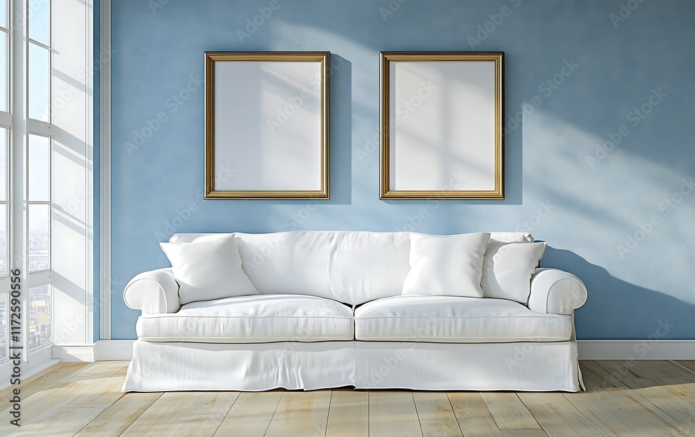 Fototapeta premium Sunny living room, white sofa, two frames, city view. Home decor mock-up.