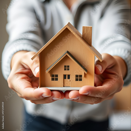 hands holding paper house, family home, homeless housing and home protecting insurance concept, foster home care, homeschooling, proptech concept photo