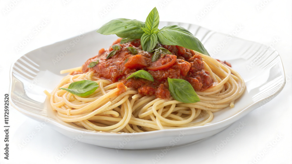 Spaghetti with Tomato Sauce and Fresh Basil - Tasty spaghetti topped with rich tomato sauce, garnished with vibrant fresh basil leaves, served on a white, elegant plate. Spaghetti with Tomato Sauce and Fresh Basil - Tasty spaghetti topped with rich tomato sauce, garnished with vibrant fresh basil leaves, served on a white, elegant plate.