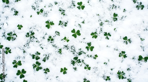 Four Clover with snow in winter season, Lucky clover leaves with four leaf,Clover flowers background,Patricks day,Spring flower pattern,St. Patrick s day seamless pattern,copy space.