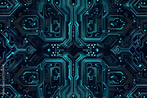 Abstract close-up of a glowing blue digital circuit board, showcasing intricate connections and technological design on a black background.
