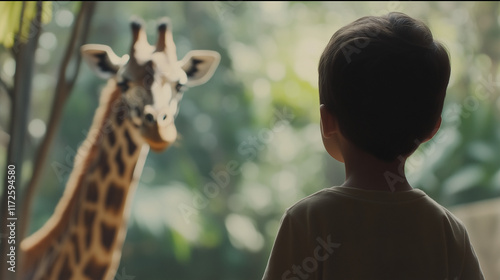 A child gazes at a giraffe showcasing a moment of wonder photo