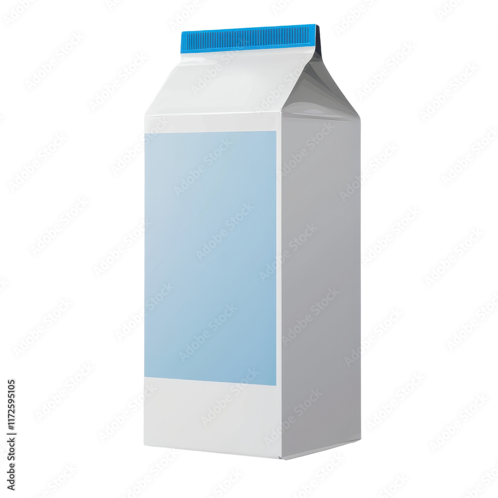 A plain milk carton with a blue top, featuring a blank front for labeling. A plain milk carton with a blue top, featuring a blank front for labeling.