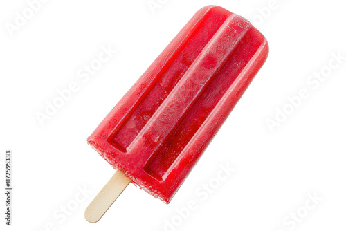 A vibrant red popsicle on a wooden stick, showcasing a textured surface and a classic rectangular shape.