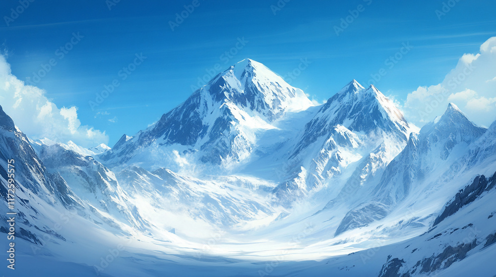 Beautiful snow covered view of mountains from valley in winter season, a snowy mountain landscape with trees and snow covered surface, Winter season morning snow covered mountains under a clear sky.