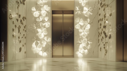 Modern Elevator doors of office or hotel hallway, Lobby interior, corridor in house with lift,four clover pattern,Black elegant lift for passenger or cargo elevators,st patrick 's day,copy space. photo