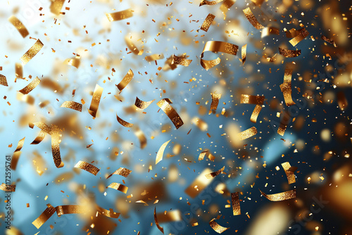 Gold confetti falling against blue background, festive celebration backdrop