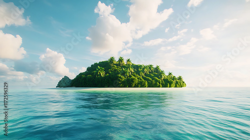 Tranquil Tropical Island Paradise: Lush Greenery, Azure Waters, and Serene Sky