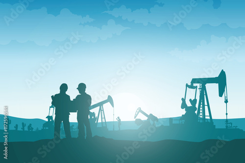 Oil pumpjack Vector, Silhouette of jack up drilling rig, illustration for background.