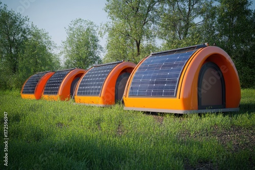 Innovative solar-powered tiny homes in a green landscape during daylight