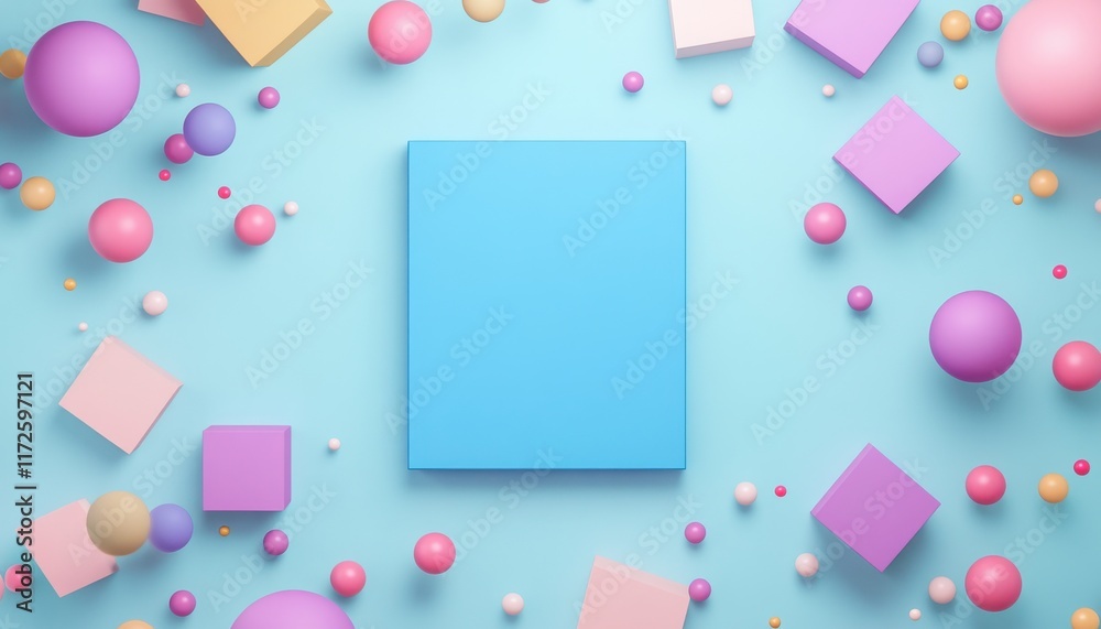 A blue book is surrounded by a colorful array of balls and cubes. The scene is playful and whimsical, with the blue book standing out as the main focus. Empty space for logo or text, mockup A blue book is surrounded by a colorful array of balls and cubes. The scene is playful and whimsical, with the blue book standing out as the main focus. Empty space for logo or text, mockup