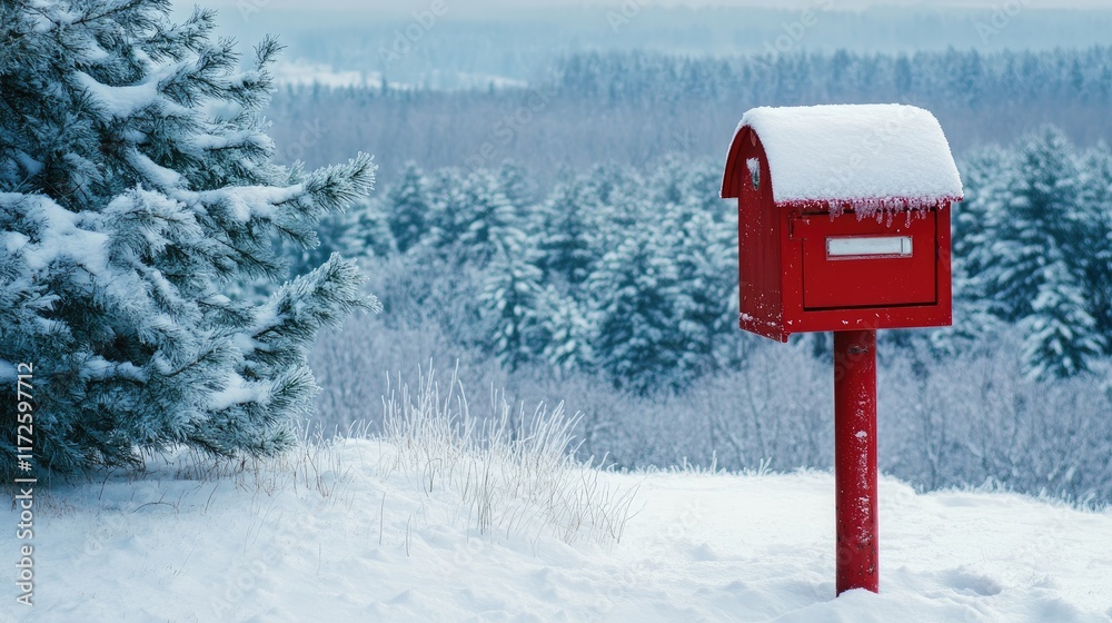 A bright red mailbox standing alone in a snowy winter landscape, with pine trees in the distance. A bright red mailbox standing alone in a snowy winter landscape, with pine trees in the distance.