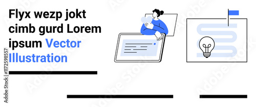 Woman holding tablet, strategy map with light bulb and flag. Ideal for business presentations, marketing strategies, educational content, corporate training, technology products, startup pitches