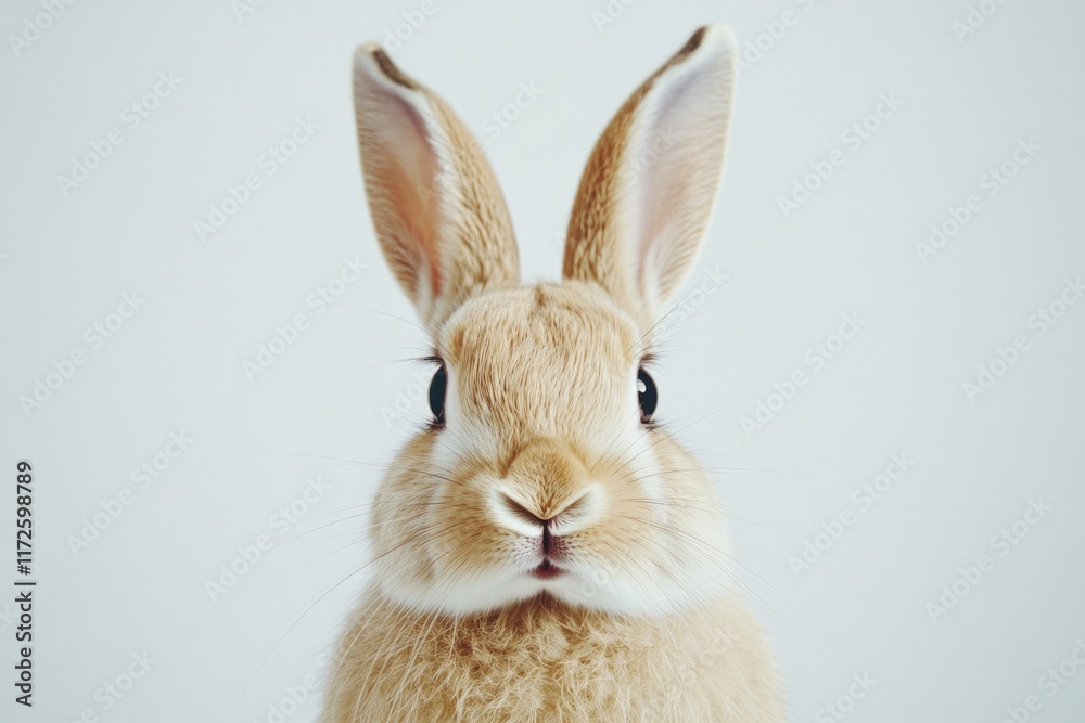Fototapeta premium Fluffy rabbit with expressive eyes against minimalistic backgrou