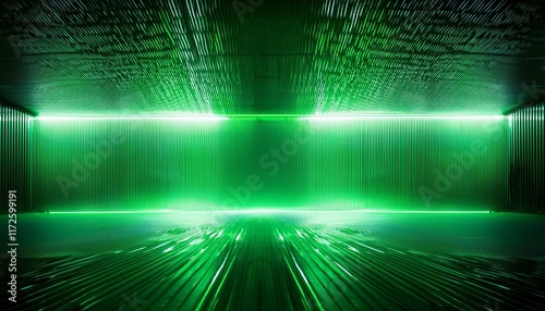 La fotografía de stock muestra una vibrante sala verde iluminada por luces de neón, creando un fondo tecnológico futurista y abstracto. photo