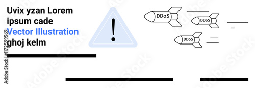 Exclamation icon within warning triangle and DDoS-labeled missiles representing cybersecurity threats. Missiles in motion. Ideal for cybersecurity guides, risk management, online safety, tech blogs