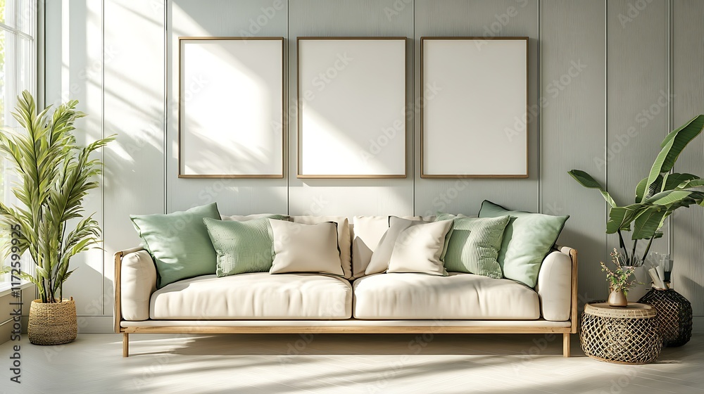 Fototapeta premium Sunny living room with sofa, plants, and blank frames; interior design mockup.