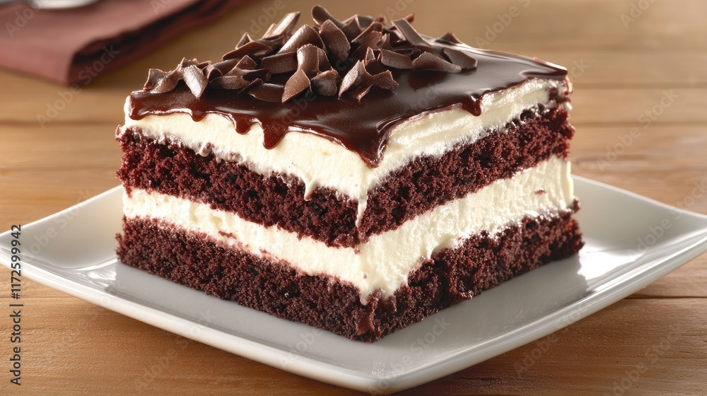 A freshly baked red velvet cake topped with cream cheese frosting, served on a white plate. A freshly baked red velvet cake topped with cream cheese frosting, served on a white plate.