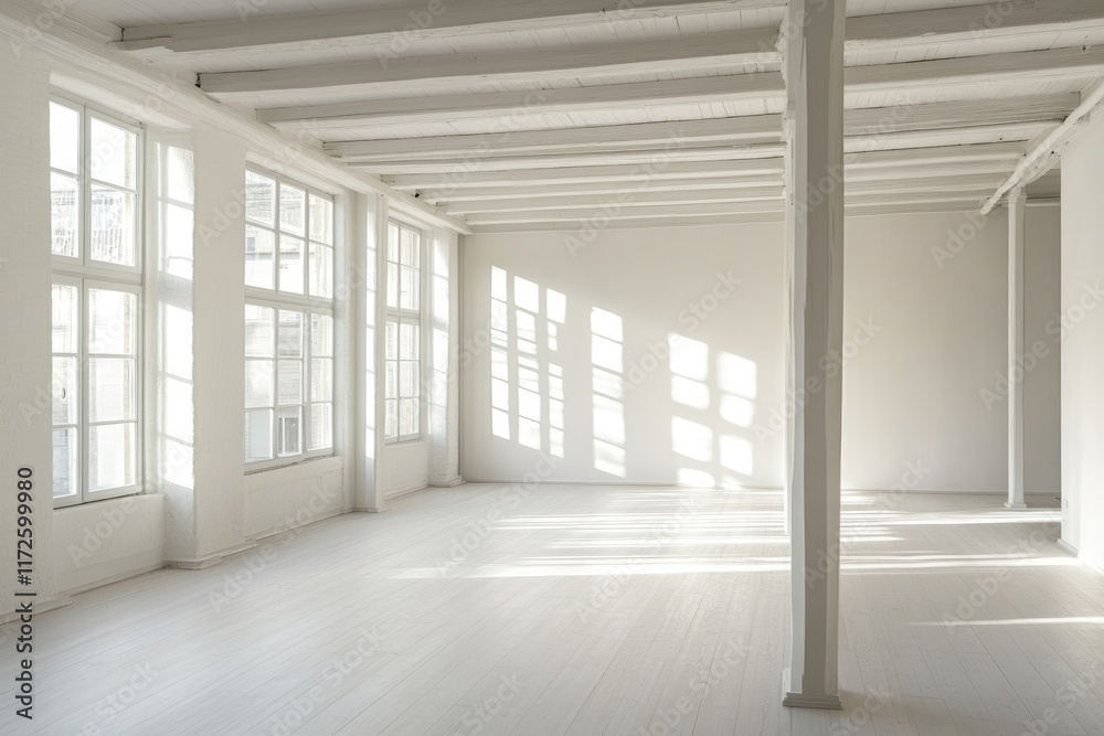 Fototapeta premium Spacious room featuring large windows, soft light casting gentle