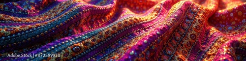 Intricate woven sari design, rich colors, flowing lines, seamless, silk photo