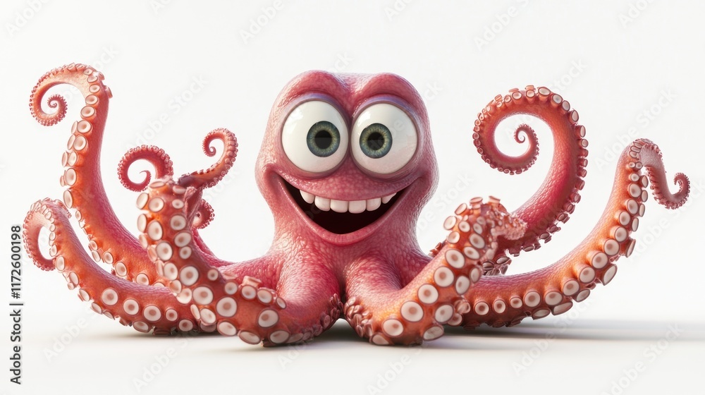 Obraz premium Cheerful cartoon octopus with big eyes and smile, isolated on white background.