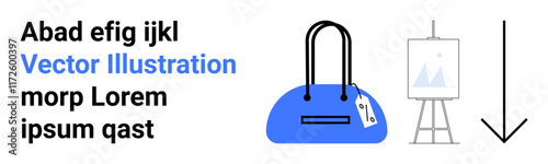 Blue handbag with price tag, easel with art, and downward arrow. Ideal for fashion, artworks, navigation, e-commerce, design branding digital content education. Landing page