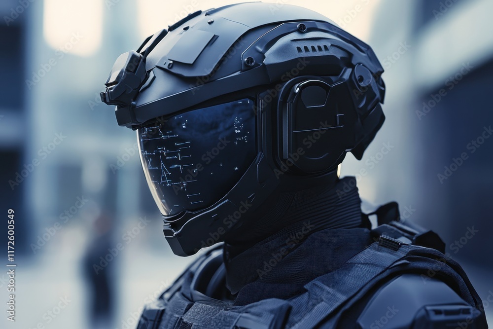 Futuristic soldier in advanced tactical gear preparing for mission in urban environment Futuristic soldier in advanced tactical gear preparing for mission in urban environment