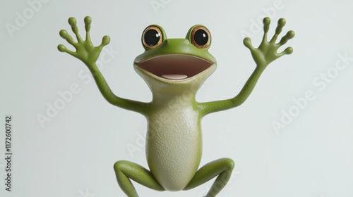 Happy cartoon frog with arms raised in joyful expression against white background. photo