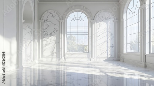Elegant Sunlit Room with Arched Windows and Marble Flooring