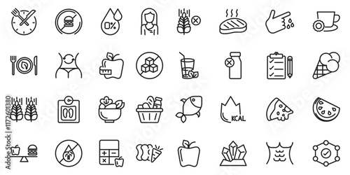 Nutrition set of web icons in line style. Healthy food linear icon collection. Containing food, vegetables, water, palm oil free, сaunt calories