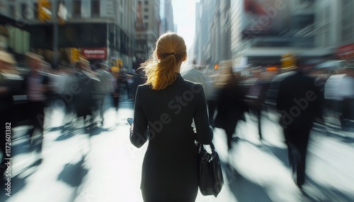 A woman is walking down a busy street with a handbag. The scene is bustling with people and cars, creating a sense of chaos and movement photo