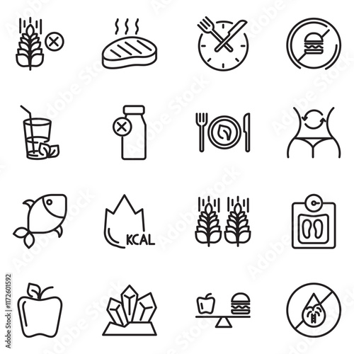 Nutrition set of web icons in line style. Healthy food linear icon collection. Containing food, vegetables, water, palm oil free, сaunt calories, zero trans fat