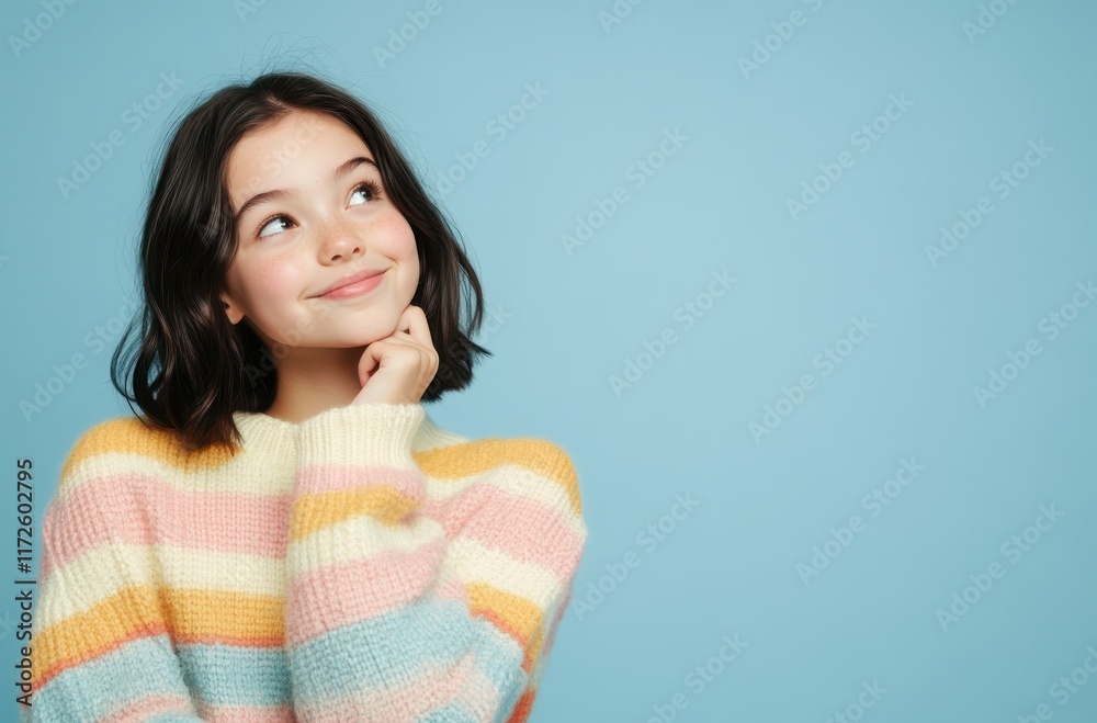 A girl is wearing a striped sweater and looking up at the sky. She has a smile on her face and she is thinking deeply. Empty space for logo or text, mockup A girl is wearing a striped sweater and looking up at the sky. She has a smile on her face and she is thinking deeply. Empty space for logo or text, mockup