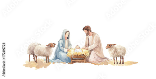 Nativity scene in Bethlehem. Watercolor painting. Christmas scene illustration showing Holy Family baby Jesus in the manger Mary and Joseph